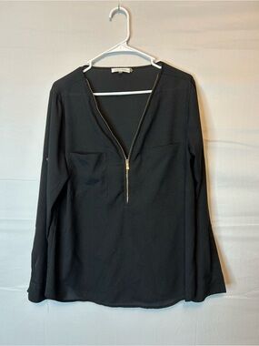 CALVIN KLEIN Black Blouse long Sleeve 1/2 Zip Womens Large Office Minimalist 036